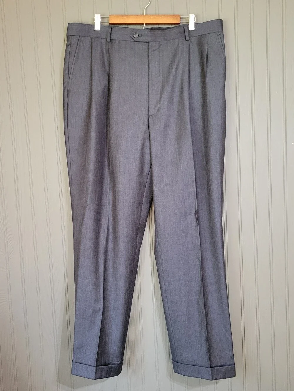 Pronto Uomo Pleated Dress Pants 100% Wool Rolled Cuff Striped Gray Men's 41x46